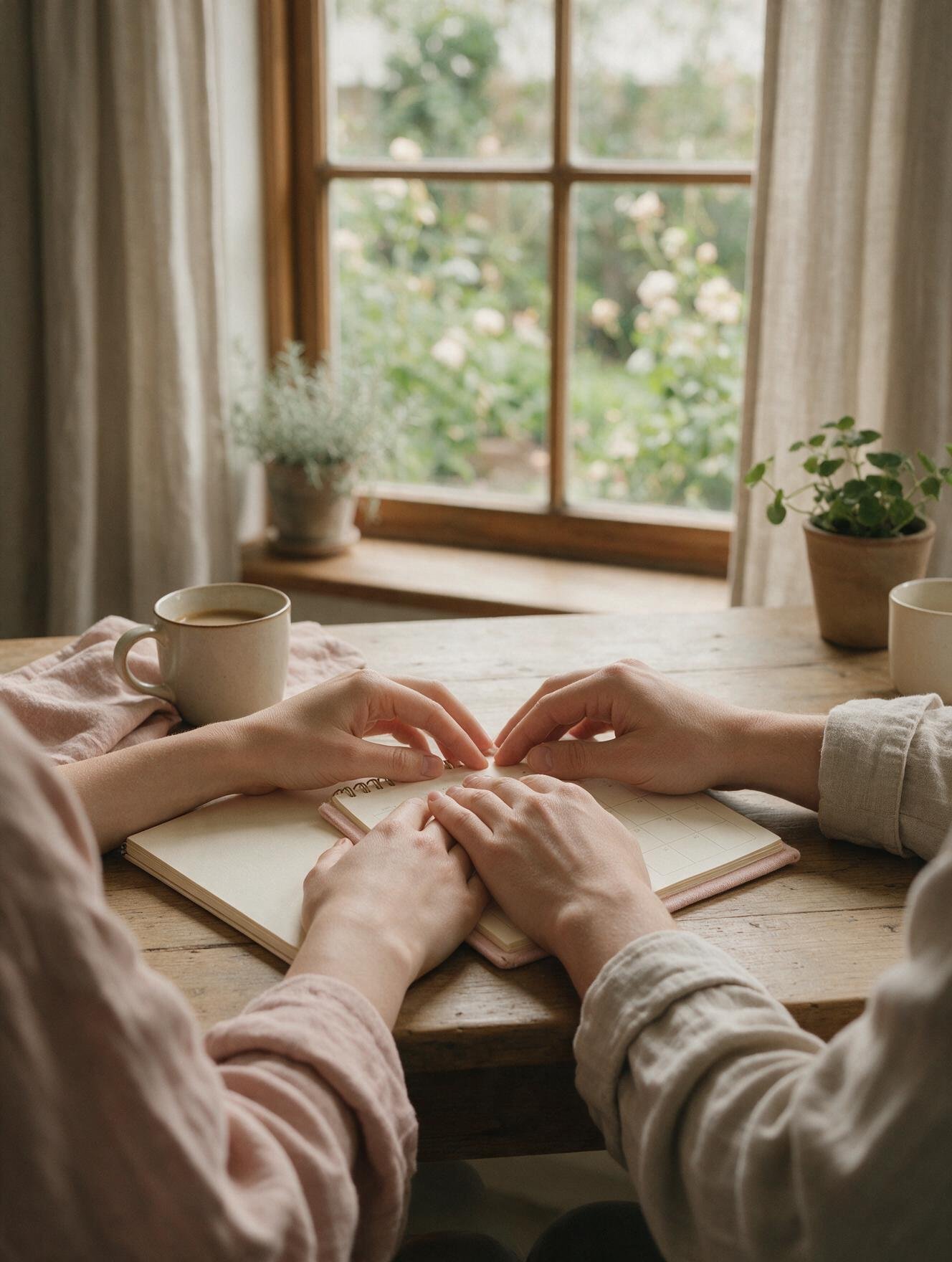 Casal planejando a família, mãos sobre um caderno e um calendário