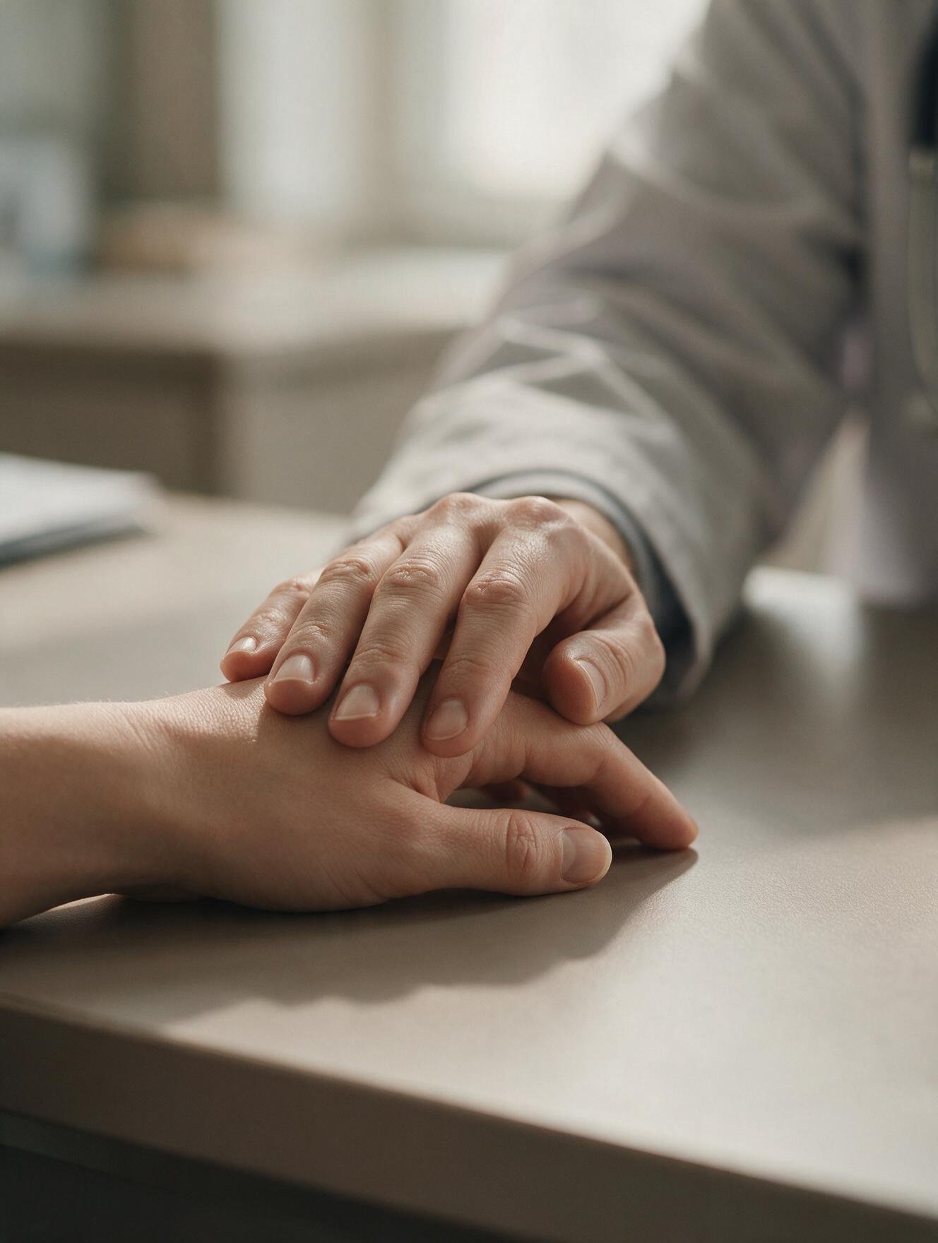 Mão da médica acolhendo a mão da paciente na mesa