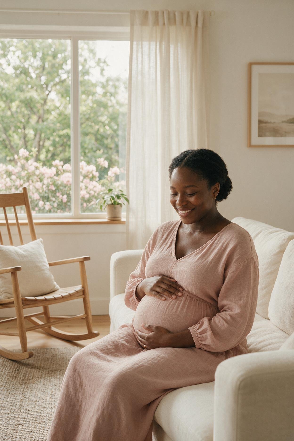 Mulher grávida sorrindo com as mãos na barriga