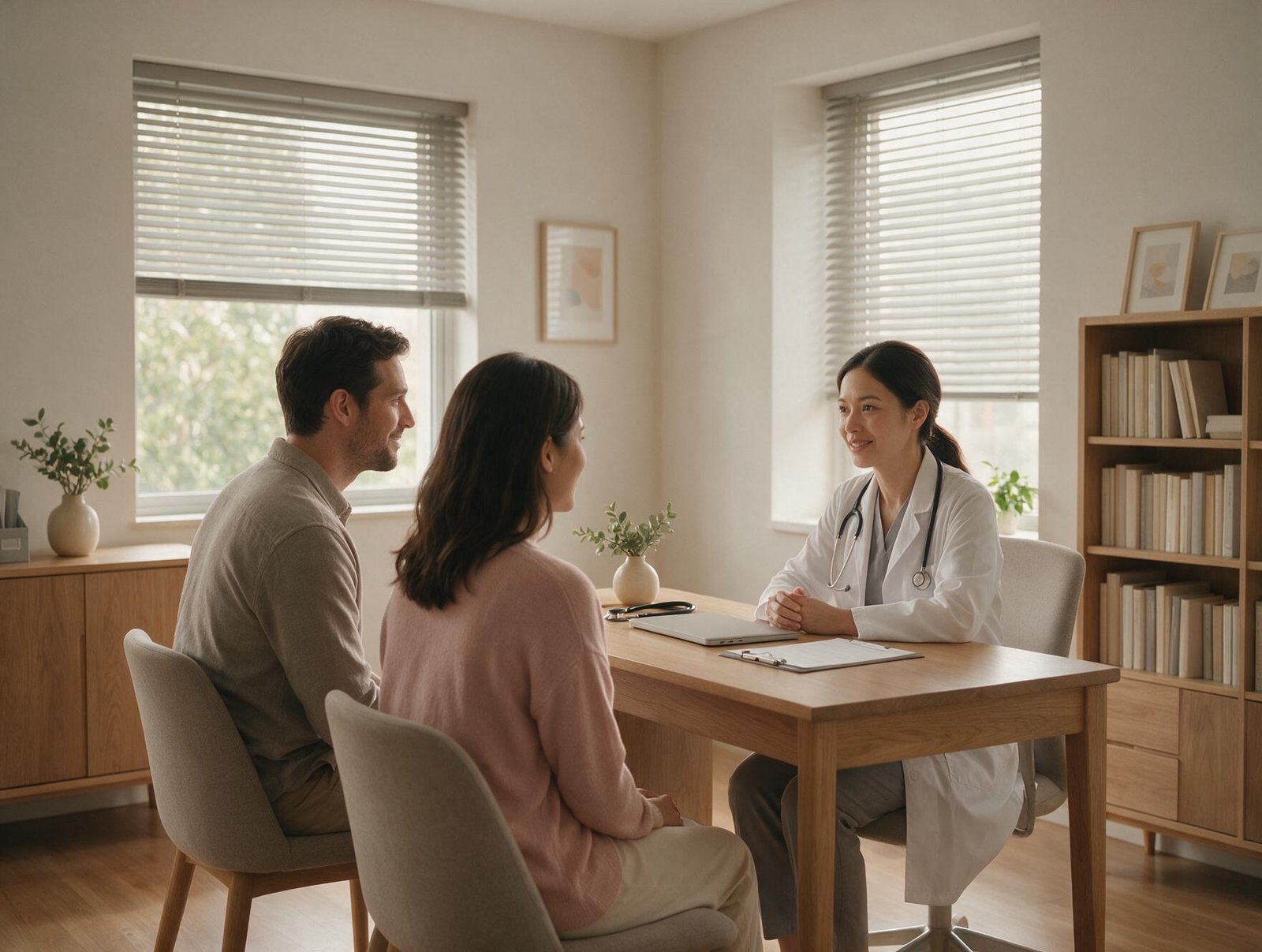 Casal em consulta com a médica